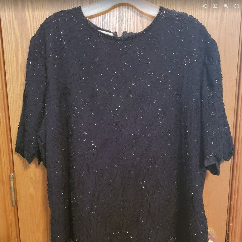 Beaded Sequin Shirt Top Black Brilliante by JA Holiday New Years Eve 2X
